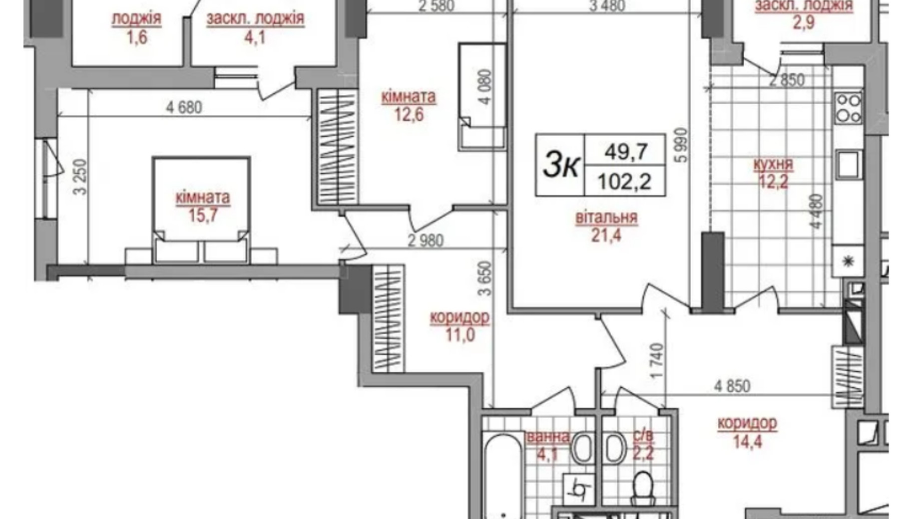 Планування 3-кімнатної квартири в ЖК West House 102.2 м², фото 635226