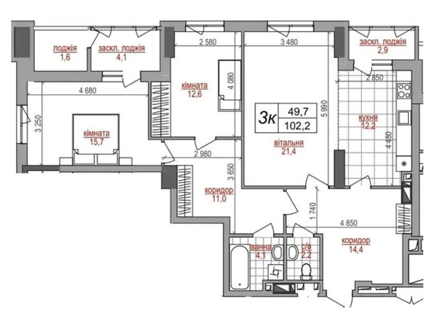 ЖК West House: планування 3-кімнатної квартири 102.2 м²