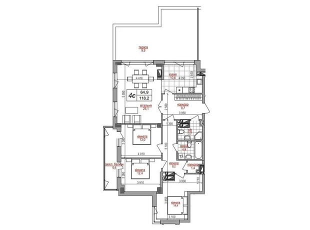 ЖК West House: планировка 4-комнатной квартиры 118.2 м²