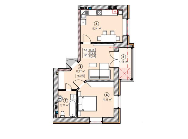 ЖК Парковая Долина: планировка 2-комнатной квартиры 57.9 м²