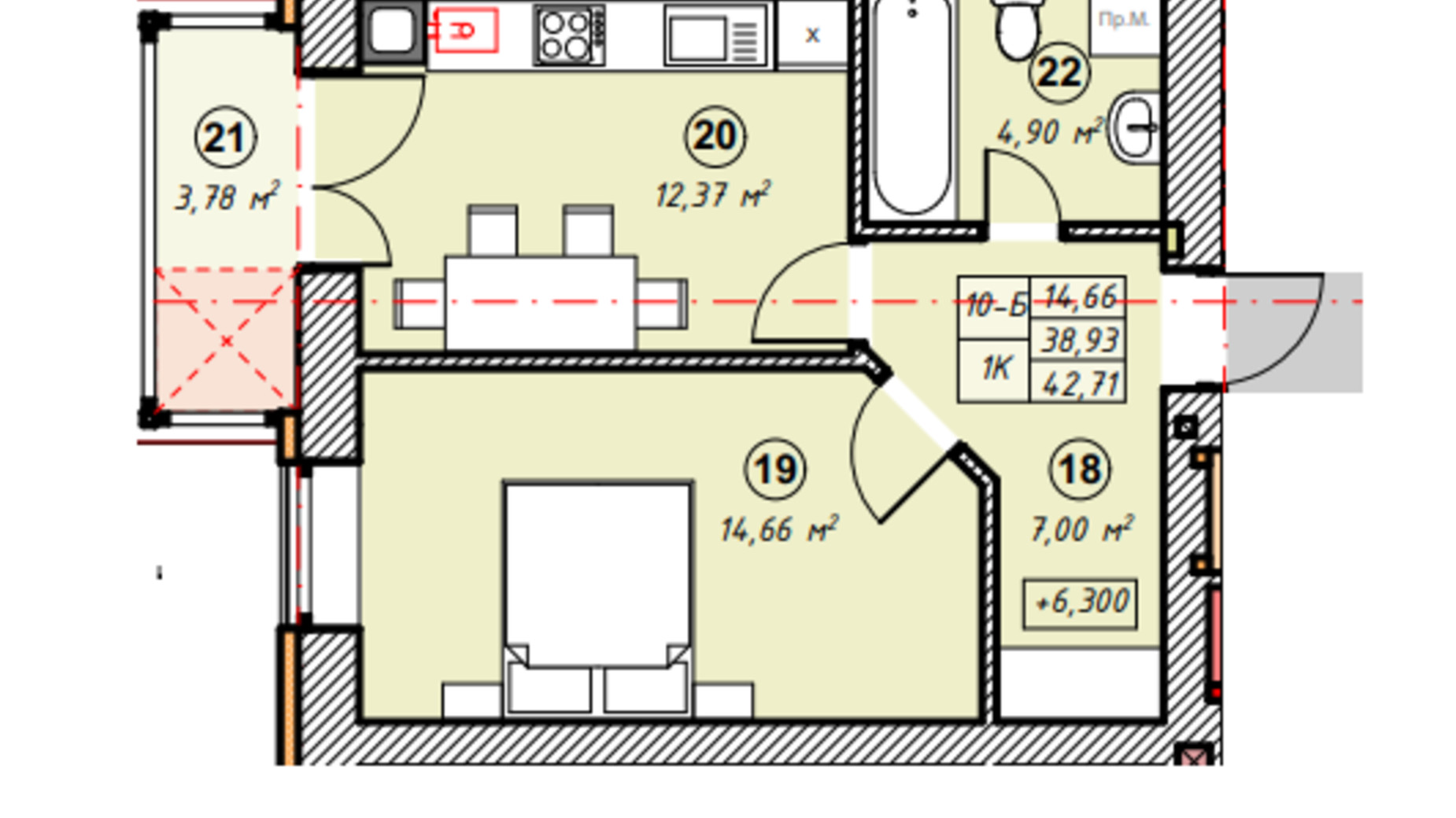 Планировка 1-комнатной квартиры в ЖК Парковая Долина 42.71 м², фото 635264