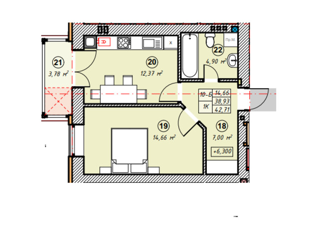 ЖК Парковая Долина: планировка 1-комнатной квартиры 42.71 м²