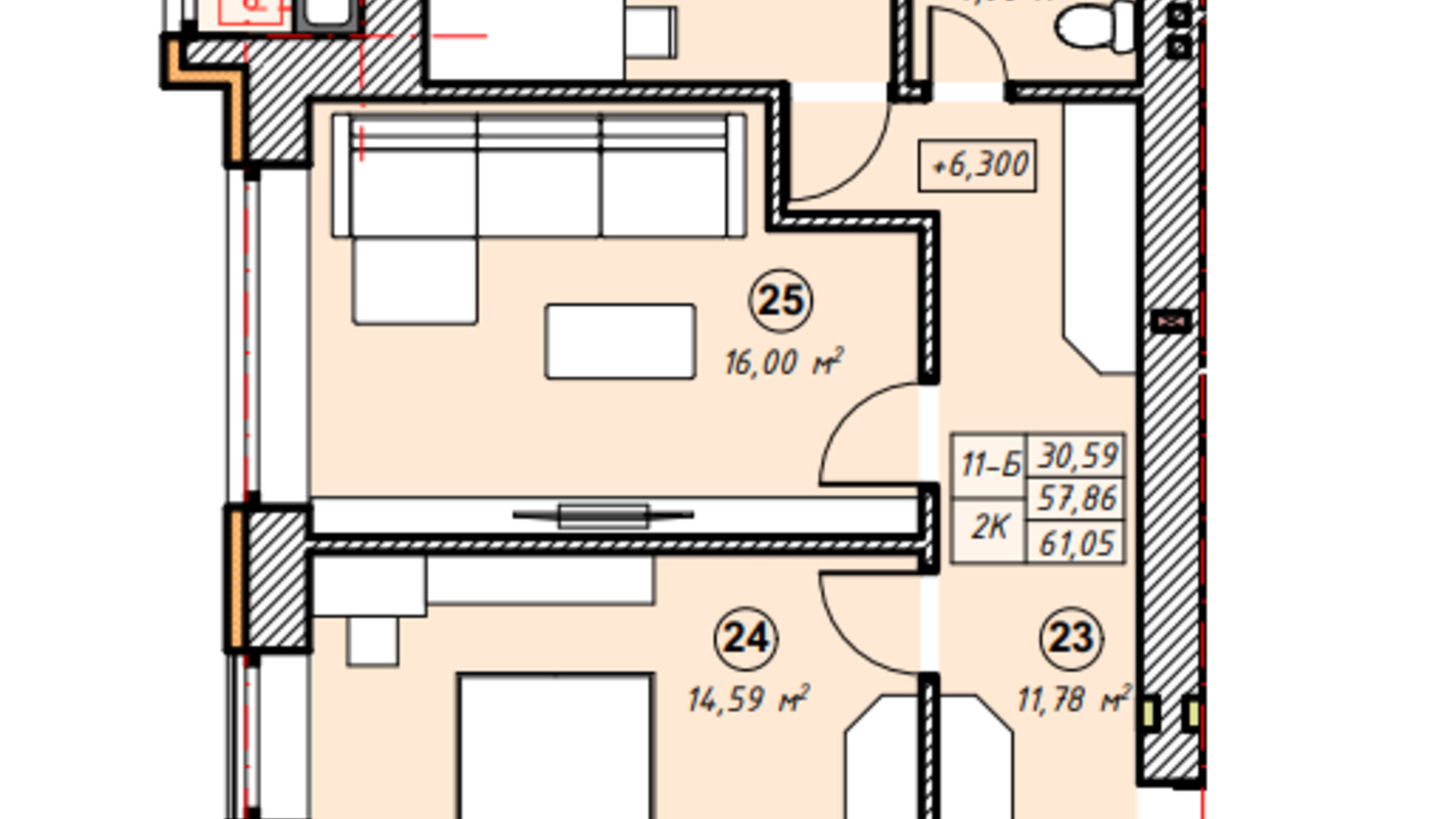 Планировка 2-комнатной квартиры в ЖК Парковая Долина 61.05 м², фото 635265