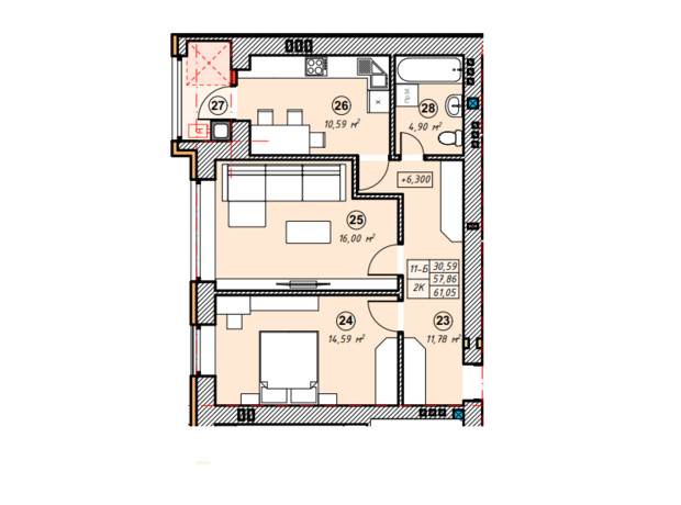 ЖК Парковая Долина: планировка 2-комнатной квартиры 61.05 м²