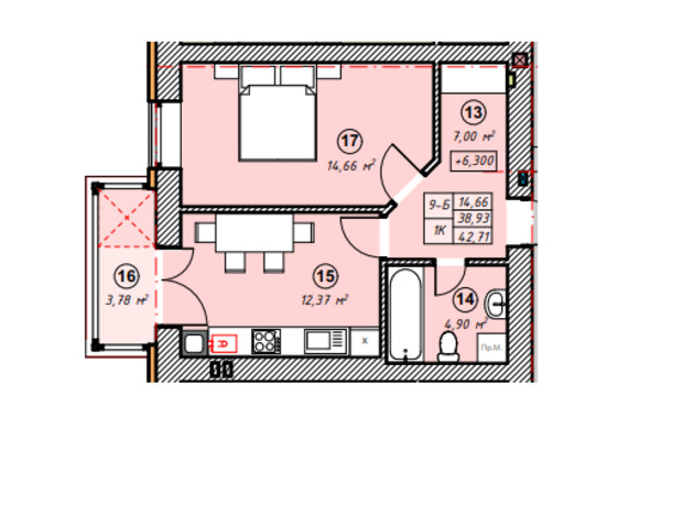 ЖК Парковая Долина: планировка 1-комнатной квартиры 42.71 м²
