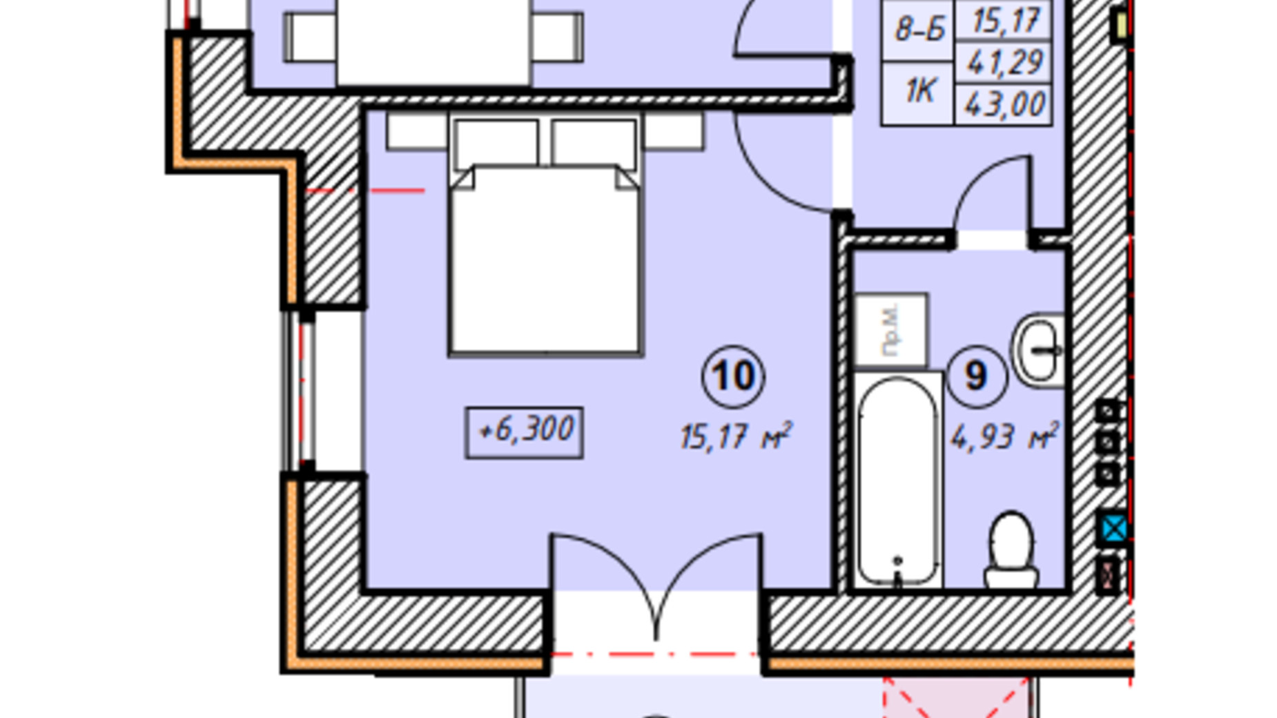 Планировка 1-комнатной квартиры в ЖК Парковая Долина 43 м², фото 635267