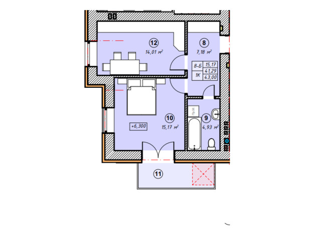 ЖК Парковая Долина: планировка 1-комнатной квартиры 43 м²