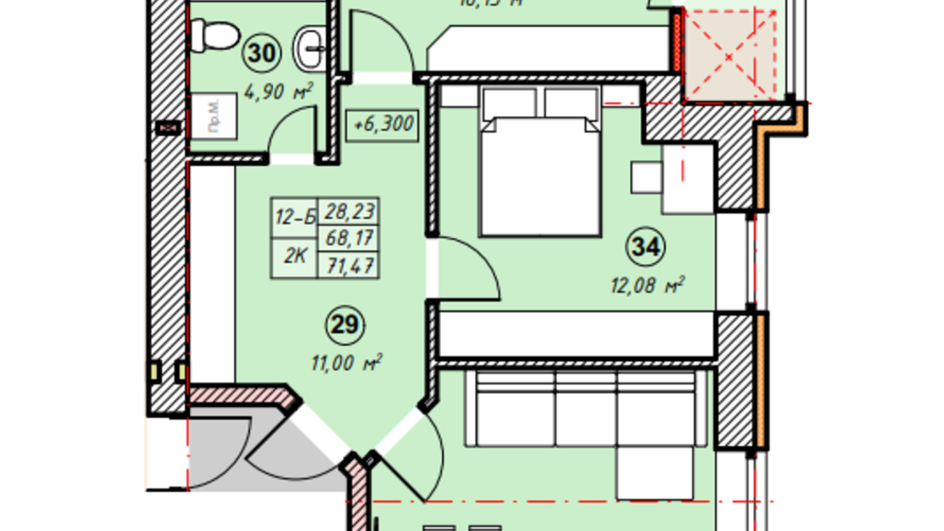 Планировка 2-комнатной квартиры в ЖК Парковая Долина 71.47 м², фото 635269