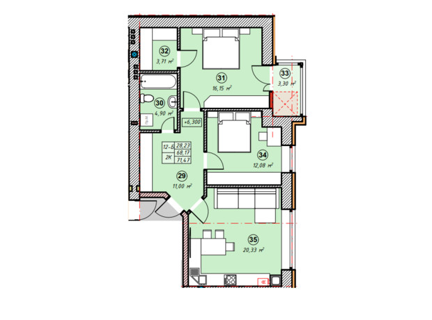 ЖК Парковая Долина: планировка 2-комнатной квартиры 71.47 м²