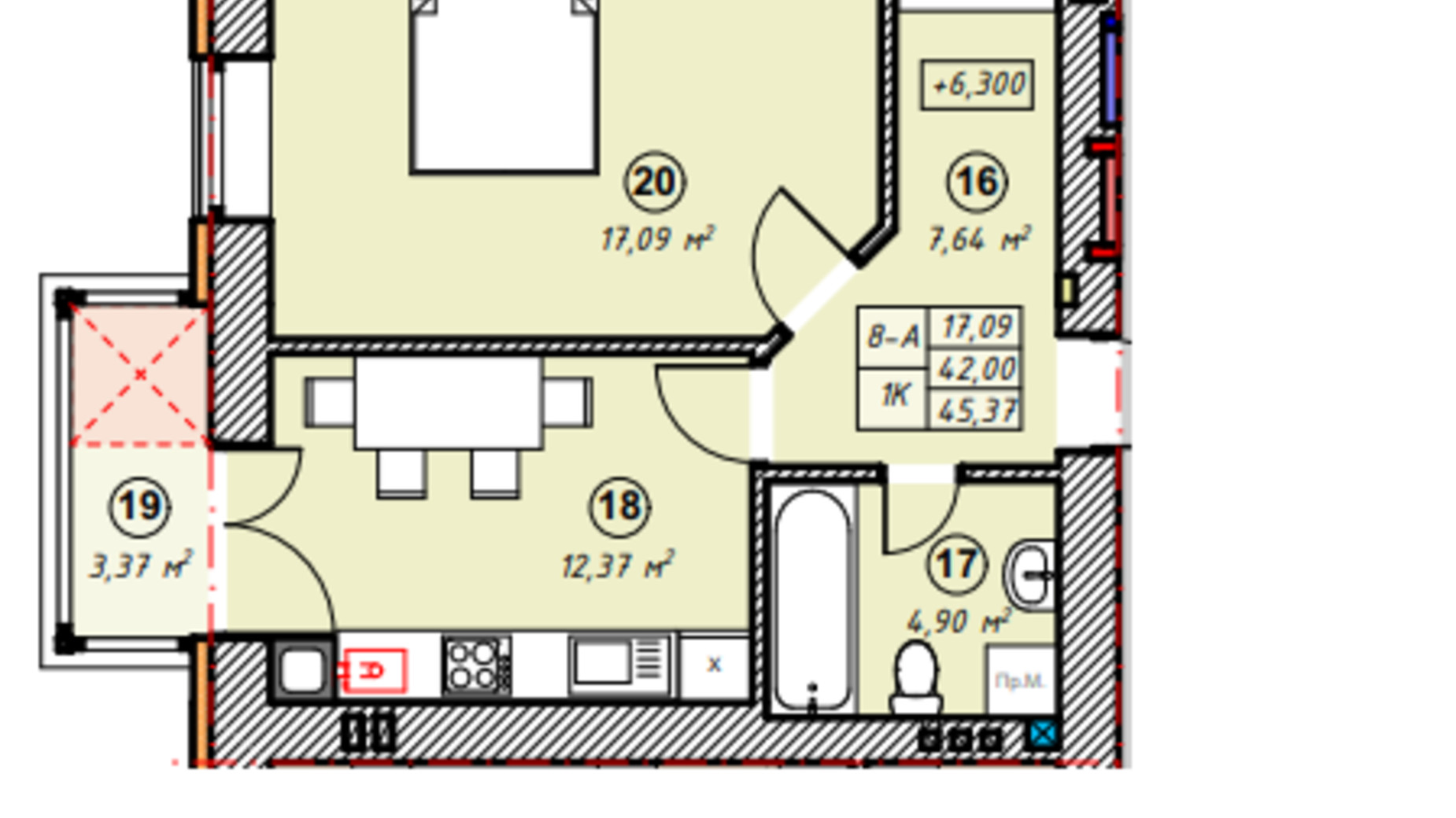 Планировка 1-комнатной квартиры в ЖК Парковая Долина 45.37 м², фото 635274
