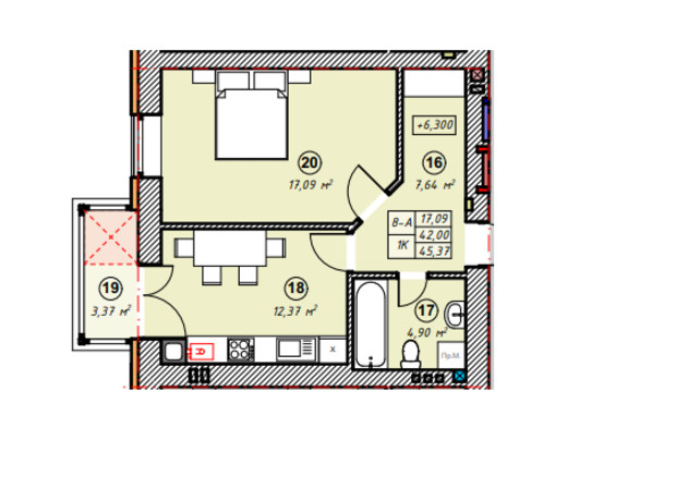 ЖК Парковая Долина: планировка 1-комнатной квартиры 45.37 м²