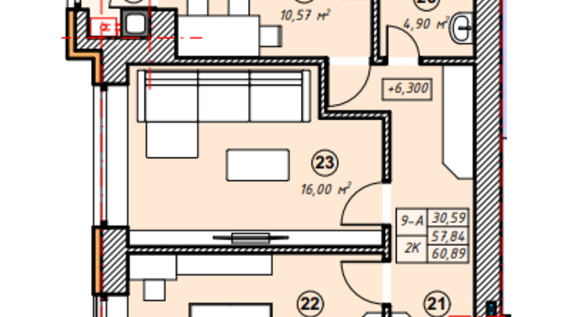 Планировка 2-комнатной квартиры в ЖК Парковая Долина 60.89 м², фото 635275