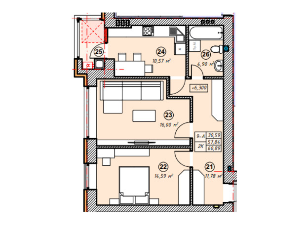 ЖК Парковая Долина: планировка 2-комнатной квартиры 60.89 м²