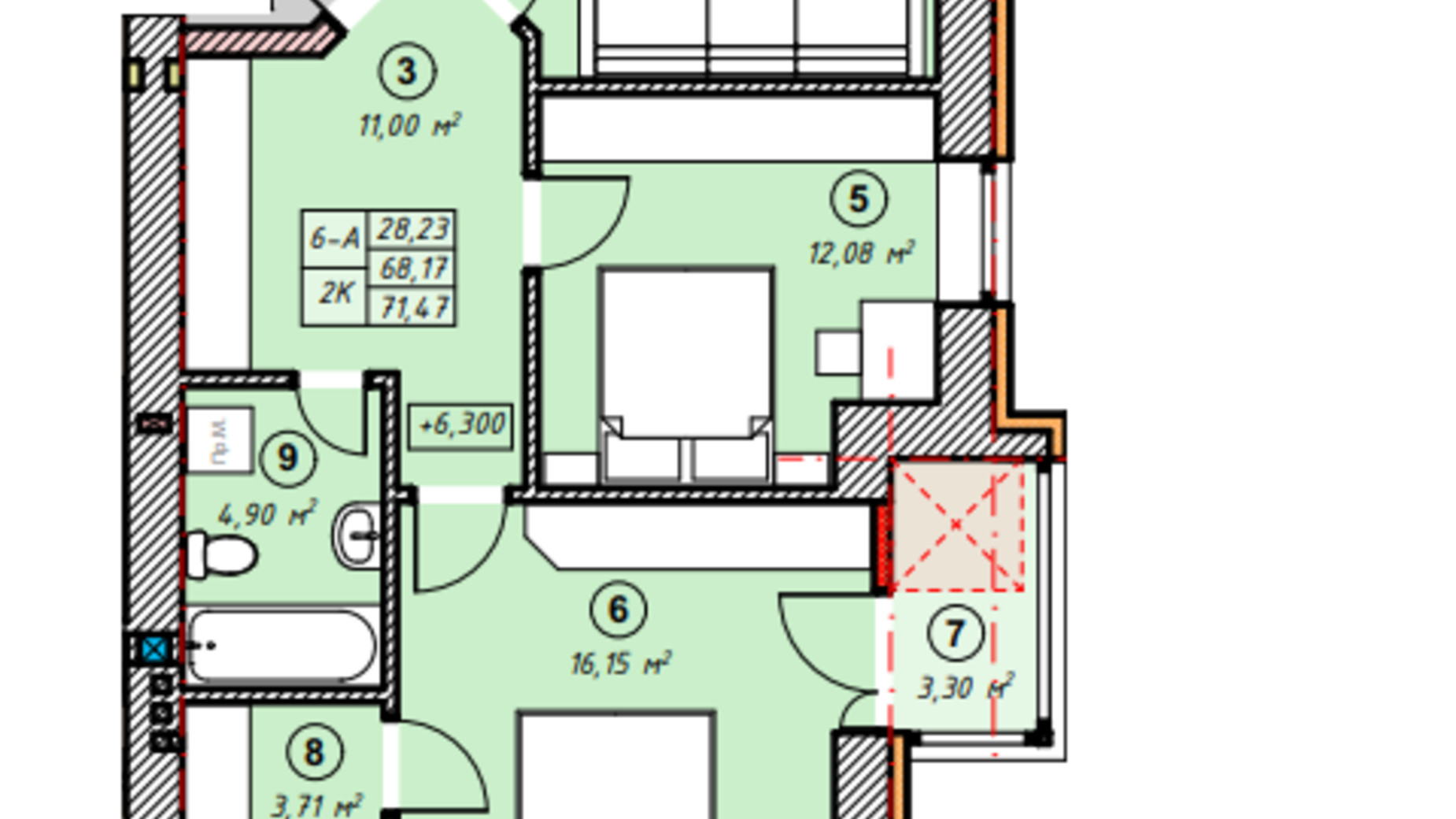 Планировка 2-комнатной квартиры в ЖК Парковая Долина 71.47 м², фото 635276