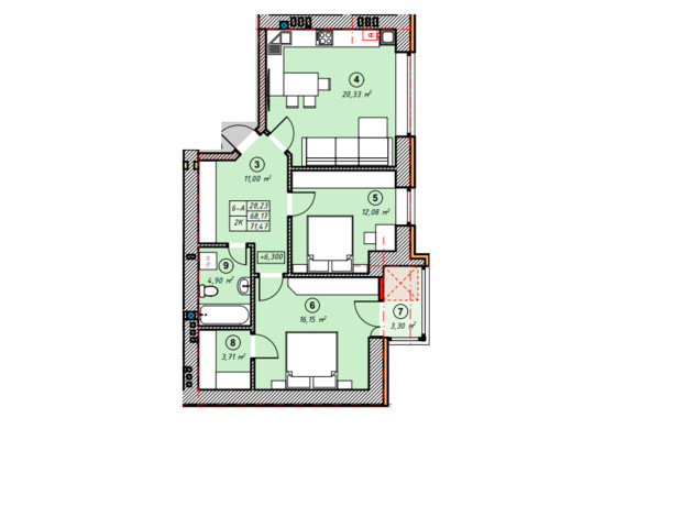 ЖК Парковая Долина: планировка 2-комнатной квартиры 71.47 м²