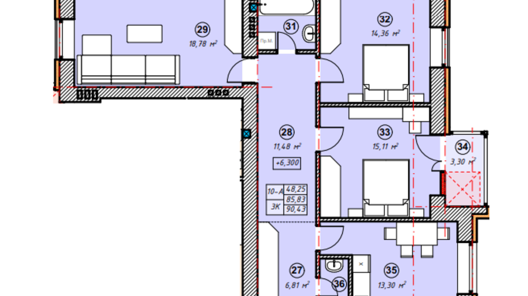 Планировка 3-комнатной квартиры в ЖК Парковая Долина 90.43 м², фото 635277