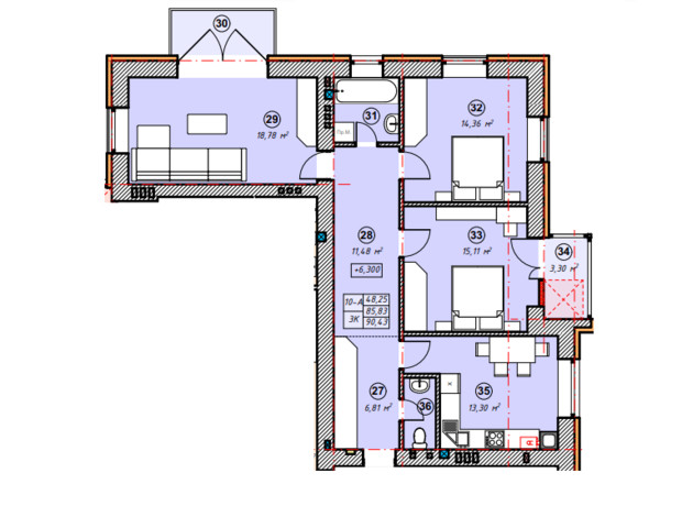 ЖК Парковая Долина: планировка 3-комнатной квартиры 90.43 м²