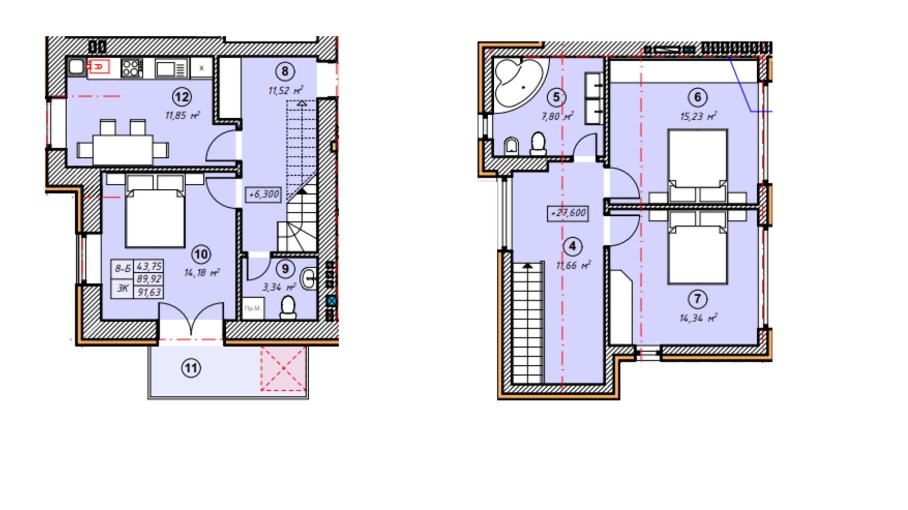 Планировка много­уровневой квартиры в ЖК Парковая Долина 91.63 м², фото 635278