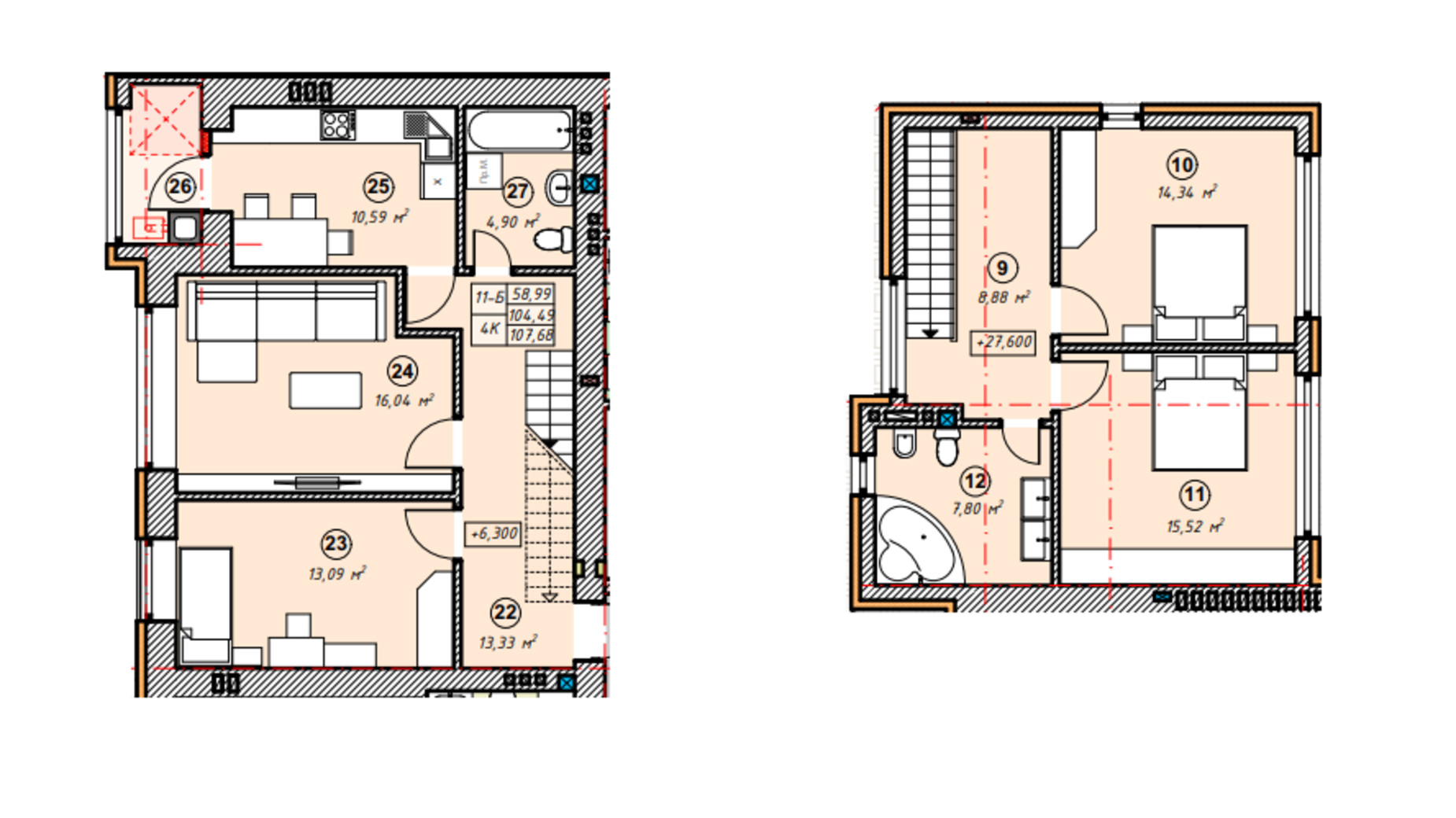 Планировка 4-комнатной квартиры в ЖК Парковая Долина 107.68 м², фото 635279