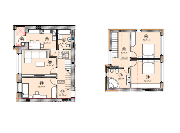 ЖК Парковая Долина: планировка 4-комнатной квартиры 107.68 м²