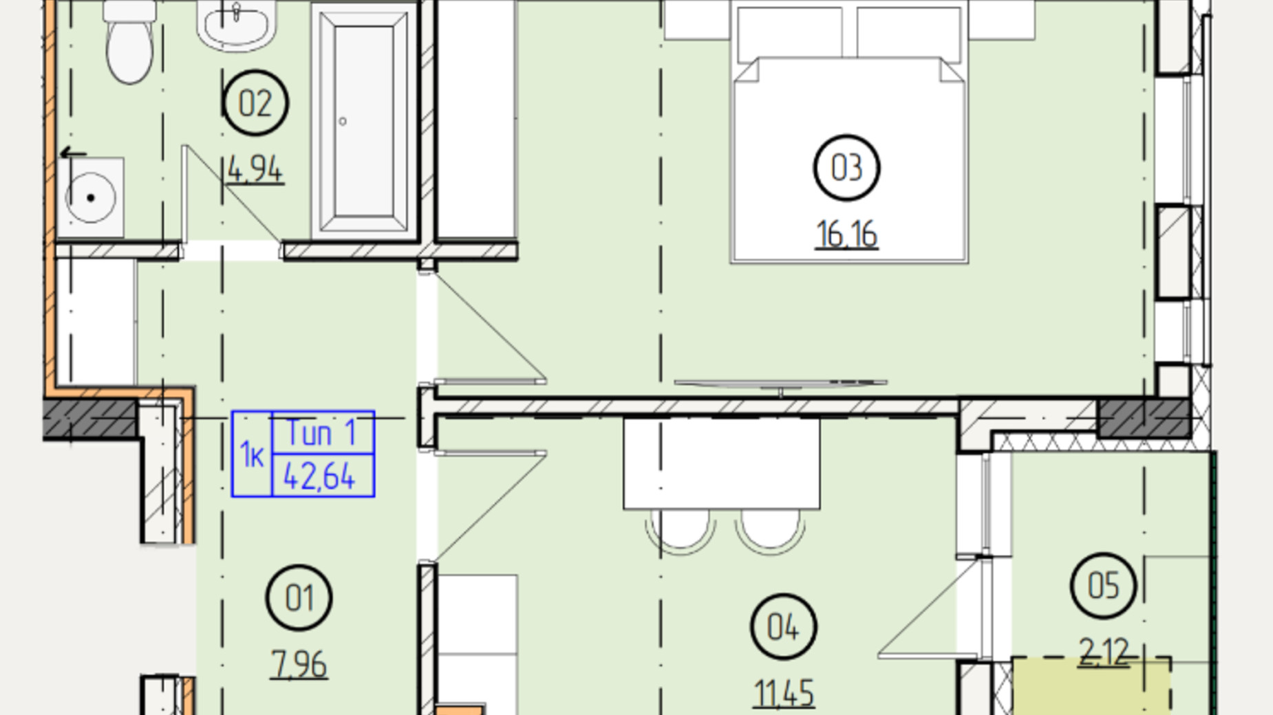 Планировка 1-комнатной квартиры в ЖК Французский двор 42.64 м², фото 635295
