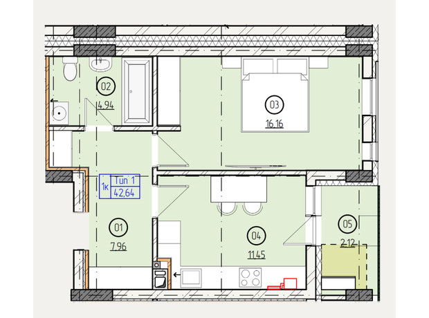 ЖК Французский двор: планировка 1-комнатной квартиры 42.64 м²