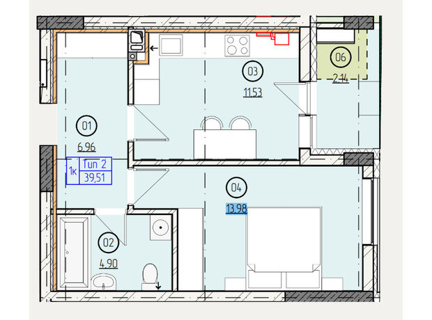 ЖК Французький двір: планування 1-кімнатної квартири 45.19 м²