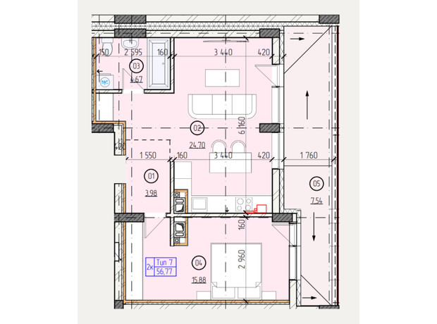 ЖК Французский двор: планировка 2-комнатной квартиры 56.77 м²