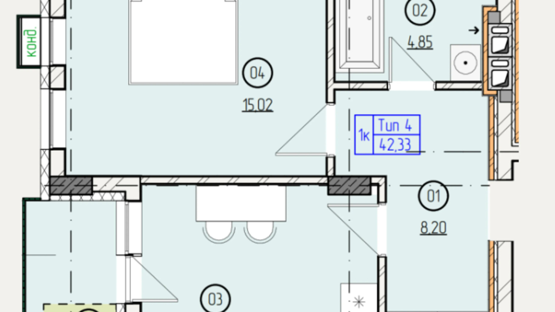 Планировка 1-комнатной квартиры в ЖК Французский двор 42.33 м², фото 635301