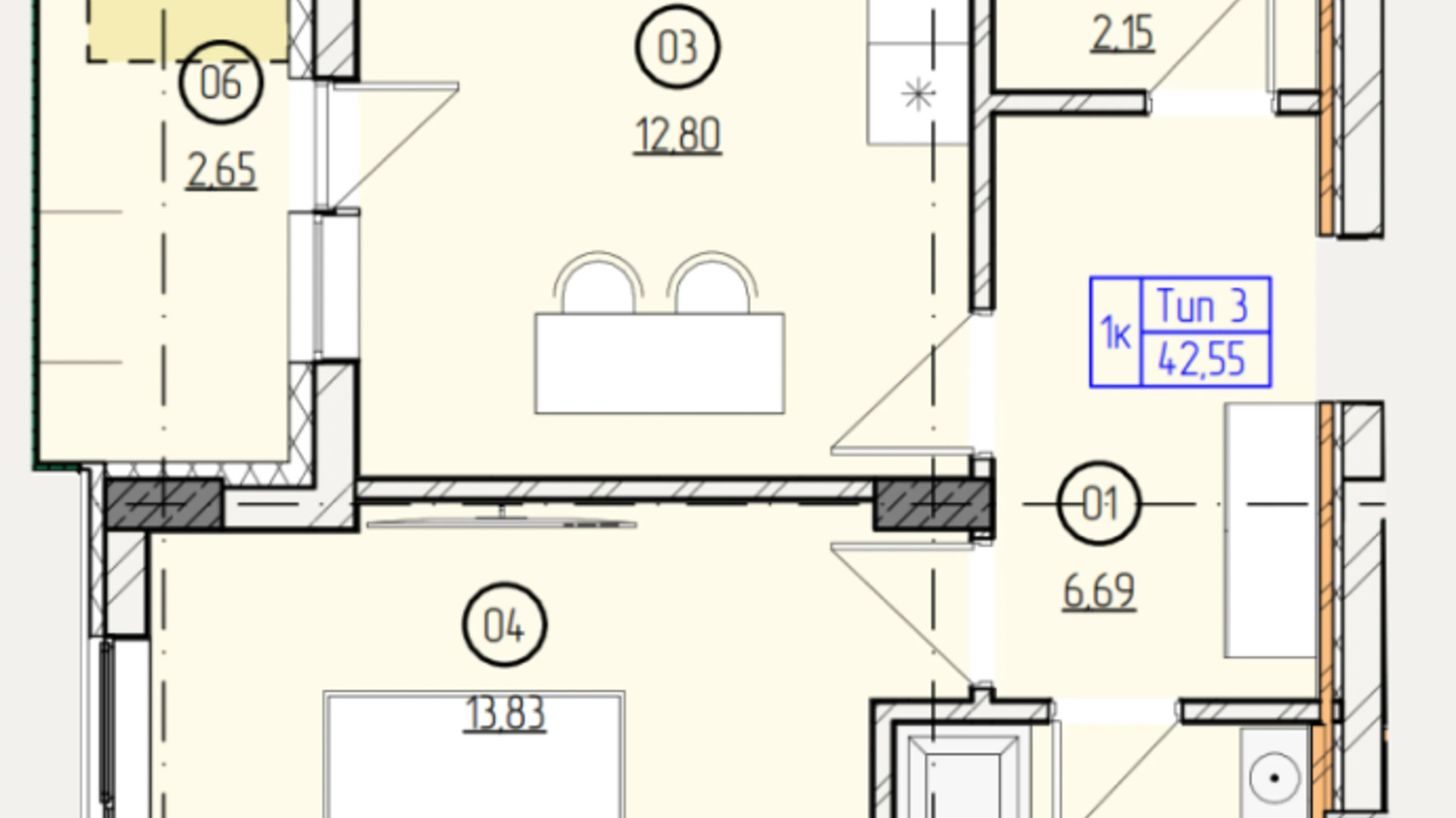 Планування 1-кімнатної квартири в ЖК Французький двір 42.55 м², фото 635302