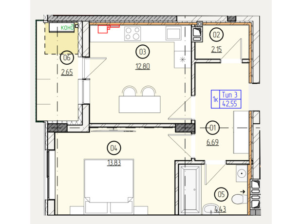 ЖК Французький двір: планування 1-кімнатної квартири 42.55 м²