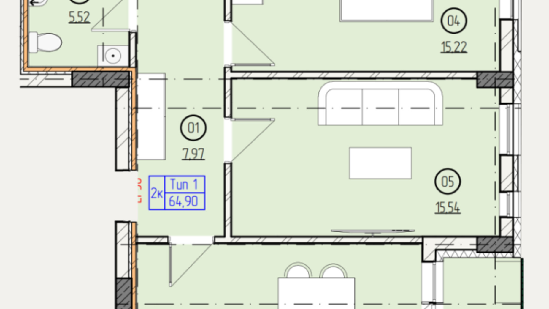 Планування 2-кімнатної квартири в ЖК Французький двір 64.9 м², фото 635303