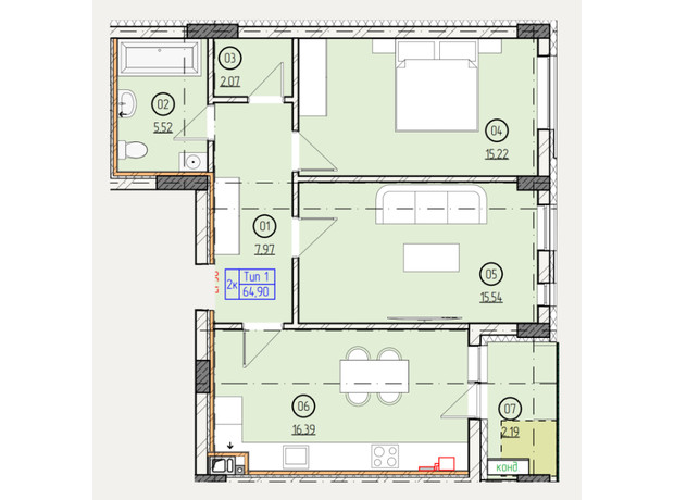 ЖК Французький двір: планування 2-кімнатної квартири 64.9 м²