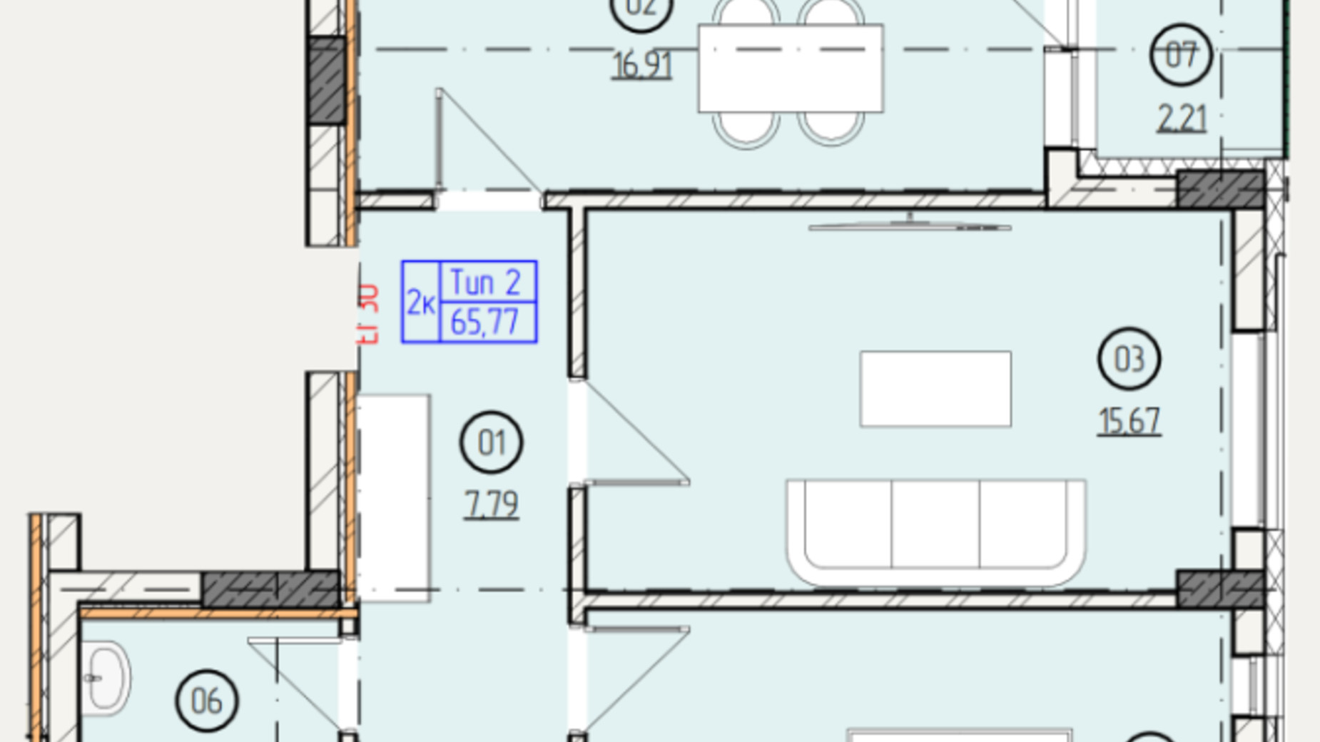 Планировка 2-комнатной квартиры в ЖК Французский двор 65.77 м², фото 635304