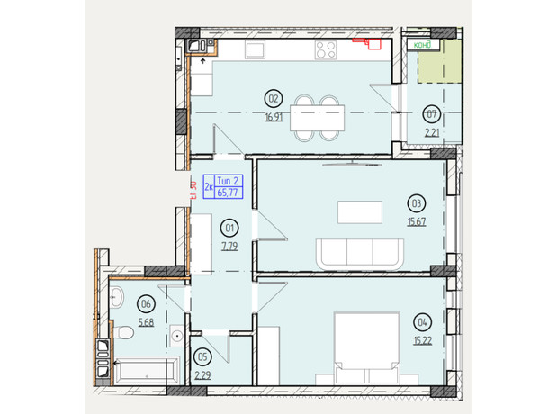ЖК Французький двір: планування 2-кімнатної квартири 65.77 м²