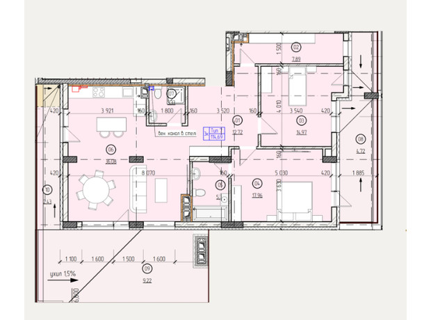 ЖК Французький двір: планування 3-кімнатної квартири 114.69 м²
