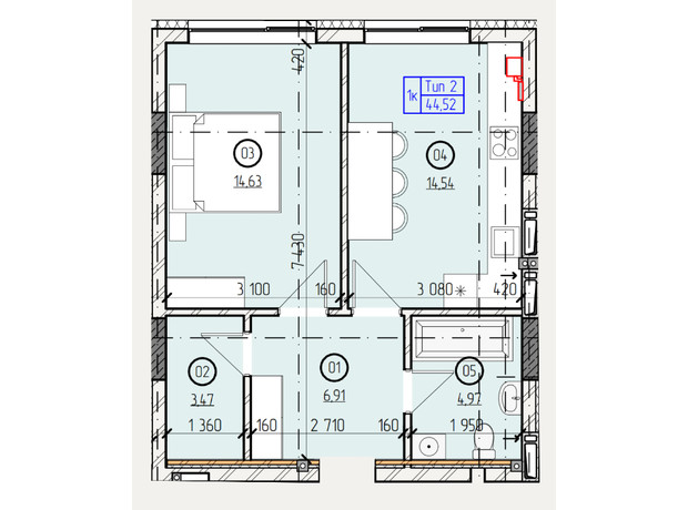 ЖК Французский двор: планировка 1-комнатной квартиры 44.52 м²