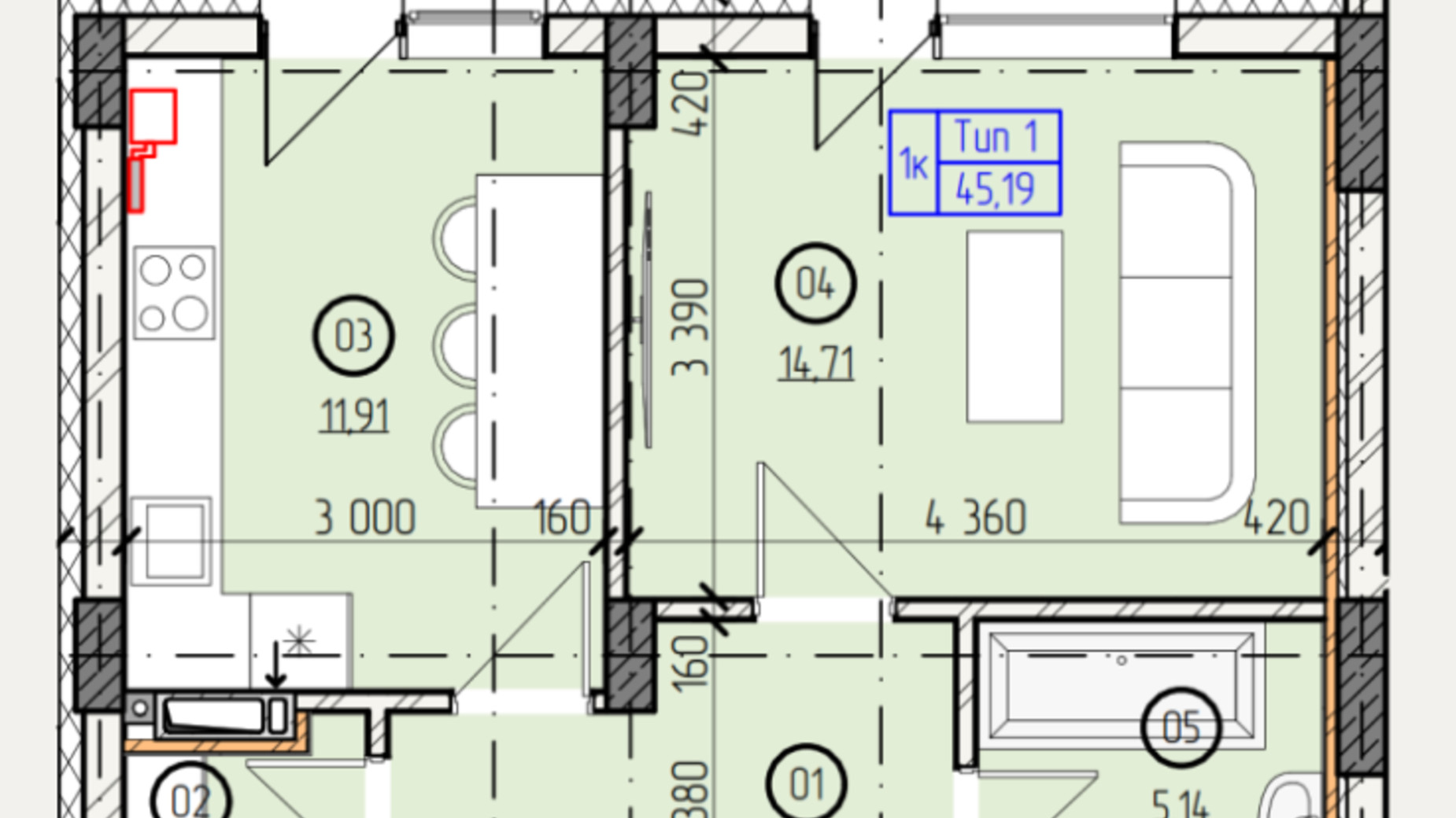Планування 1-кімнатної квартири в ЖК Французький двір 45.19 м², фото 635307