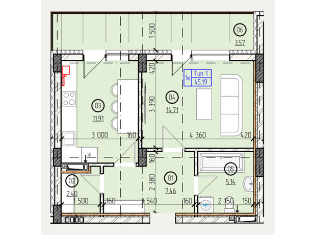 ЖК Французский двор: планировка 1-комнатной квартиры 45.19 м²