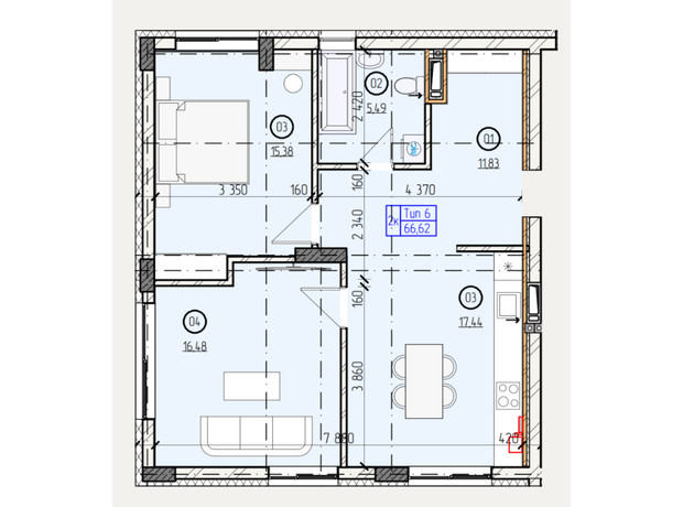 ЖК Французский двор: планировка 2-комнатной квартиры 66.62 м²