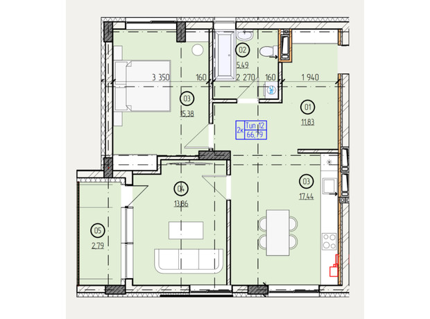 ЖК Французький двір: планування 2-кімнатної квартири 66.79 м²