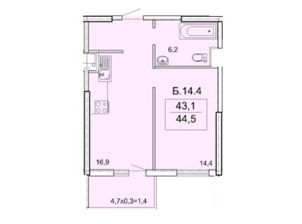 ЖК Акрополь: планировка 1-комнатной квартиры 44.5 м²