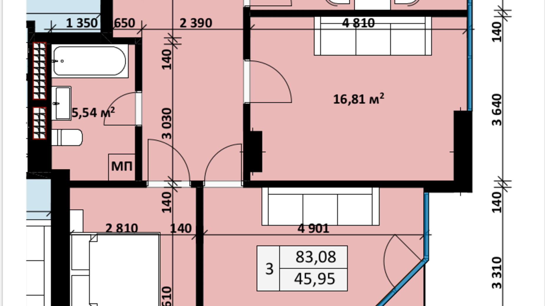 Планування 3-кімнатної квартири в ЖК Uzh Towers 83.08 м², фото 637054