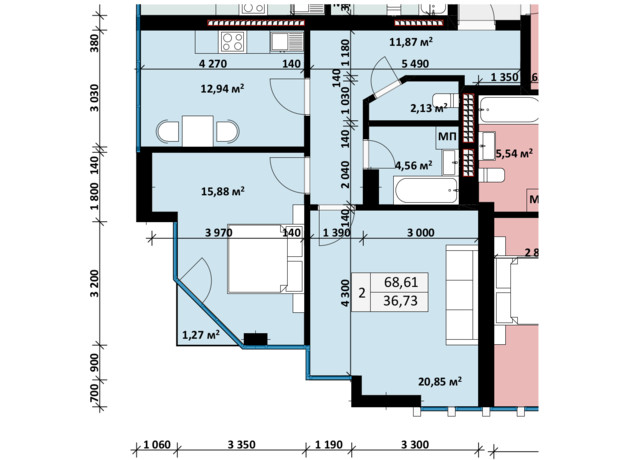 ЖК Uzh Towers: планировка 2-комнатной квартиры 68.61 м²