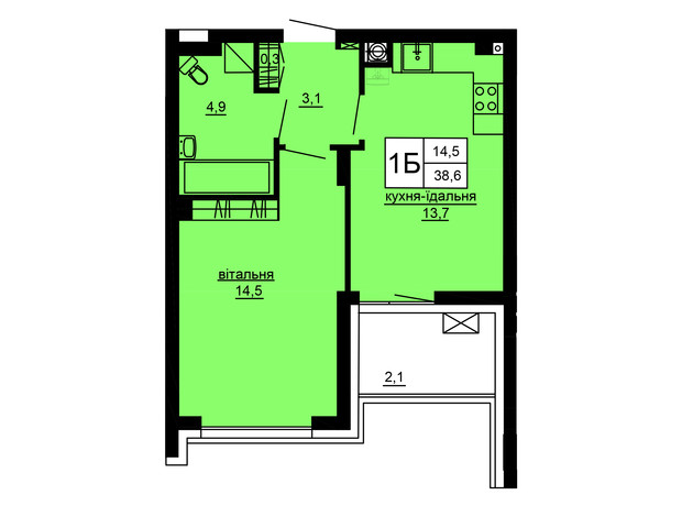 ЖК Варшавський deluxe: планування 1-кімнатної квартири 38.6 м²