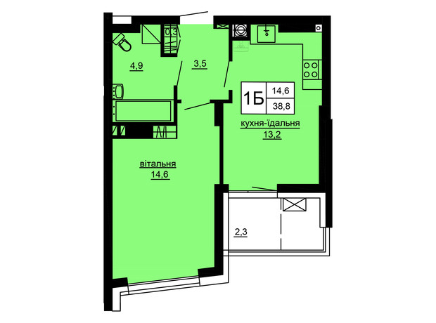 ЖК Варшавський deluxe: планування 1-кімнатної квартири 38.8 м²