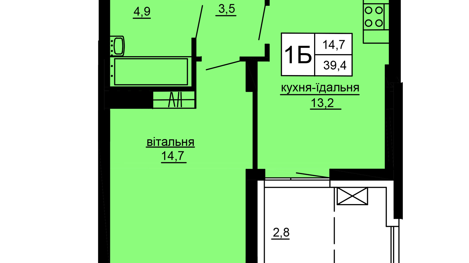 Планування 1-кімнатної квартири в ЖК Варшавський deluxe 39.4 м², фото 637546