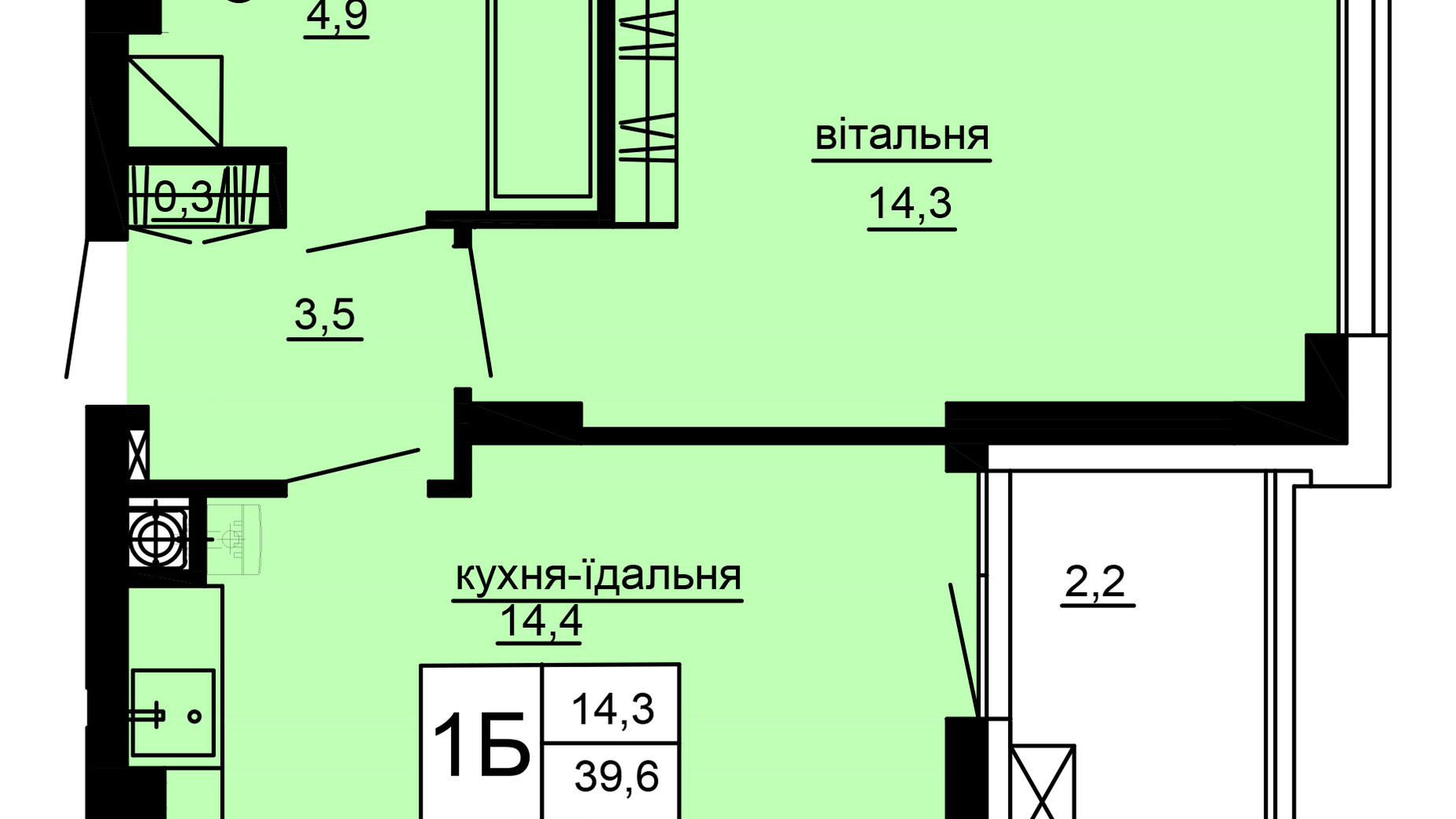 Планування 1-кімнатної квартири в ЖК Варшавський deluxe 39.6 м², фото 637548