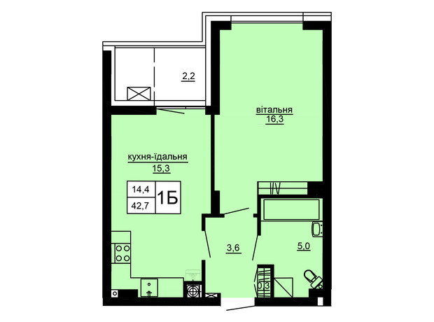 ЖК Варшавський deluxe: планування 1-кімнатної квартири 42.7 м²