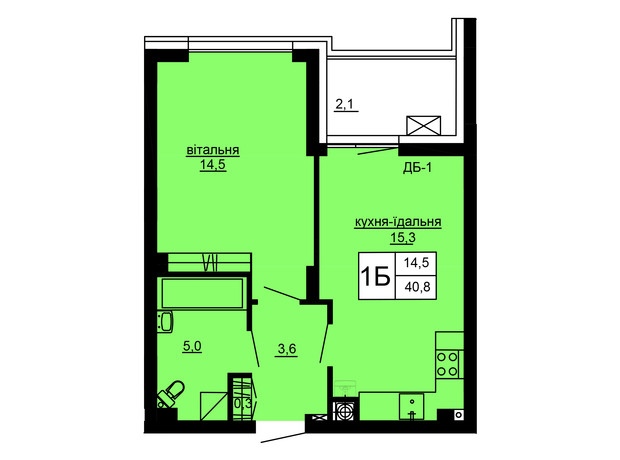 ЖК Варшавський deluxe: планування 1-кімнатної квартири 40.8 м²